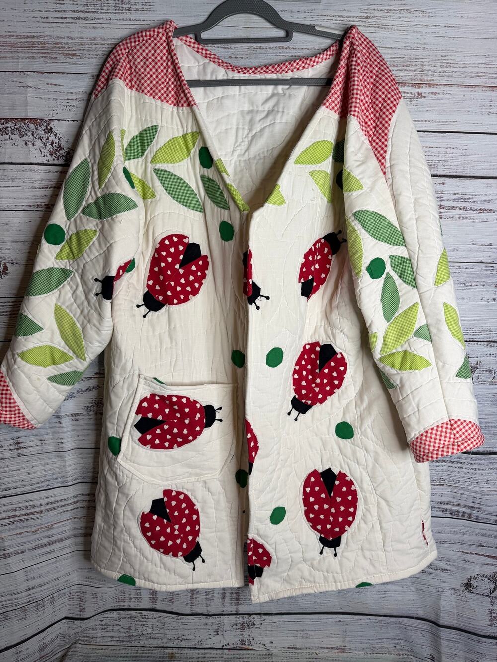 Handmade Vintage Quilt Coat Womens 2X 3X Ladybug Cottagecore Quilted Jacket